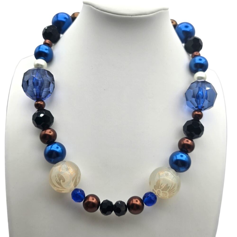 Chunky Beaded Necklace Choker Royal Blue Floral Lucite Acrylic Beads 17" SK3518